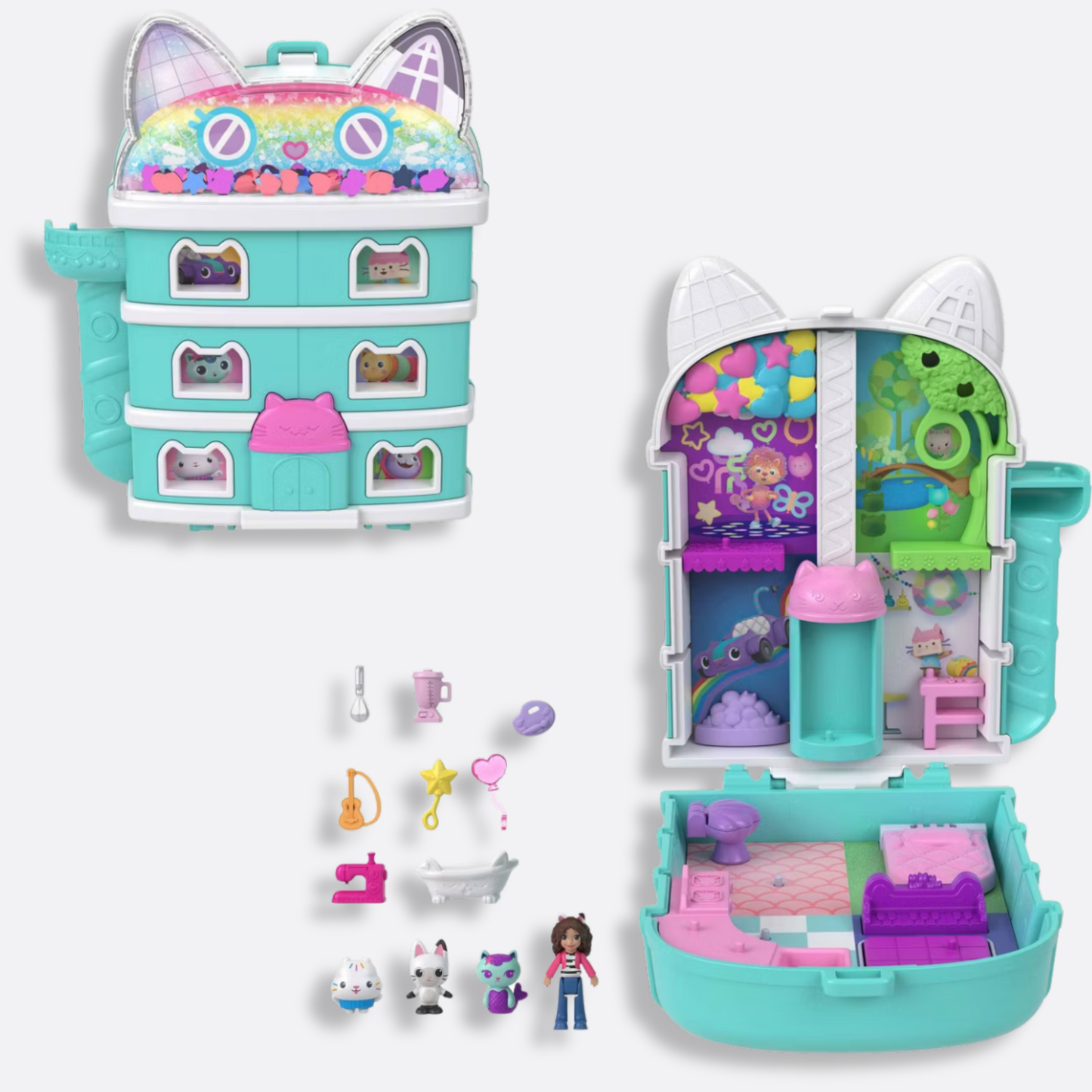 Polly Pocket Micro Dolls and Playset, Gabby’s Dollhouse Compact with 9 Accessories & Pet Cat Friends