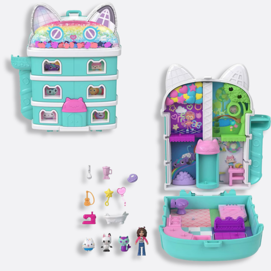 Polly Pocket Micro Dolls and Playset, Gabby’s Dollhouse Compact with 9 Accessories & Pet Cat Friends